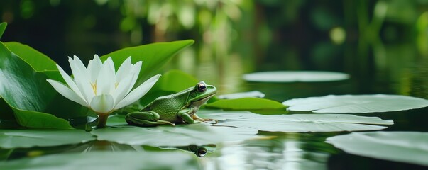  serene scene featuring a green frog resting on lily pads beside a blooming white water lily in a tranquil pond.