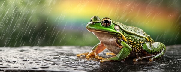 vibrant green frog sits on a wet surface, with raindrops falling around it and a rainbow in the background, creating a serene and colorful atmosphere.