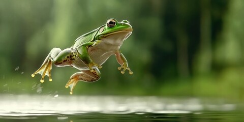 vibrant green frog leaps gracefully above a calm water surface, capturing the essence of motion in a natural setting.