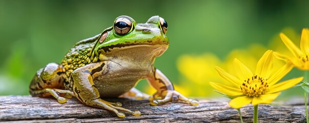 vibrant frog perched on a log among cheerful yellow flowers, showcasing its intricate skin patterns against a soft-focus green background.