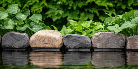 Lush green plants line a tranquil water edge, with smooth stones creating a natural border, reflecting the serene beauty of nature.