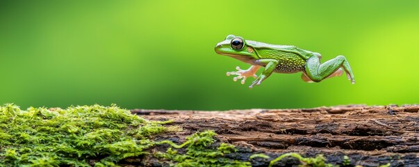 vibrant green frog leaps gracefully over a moss-covered log, set against a soft green background, showcasing its agility in nature.