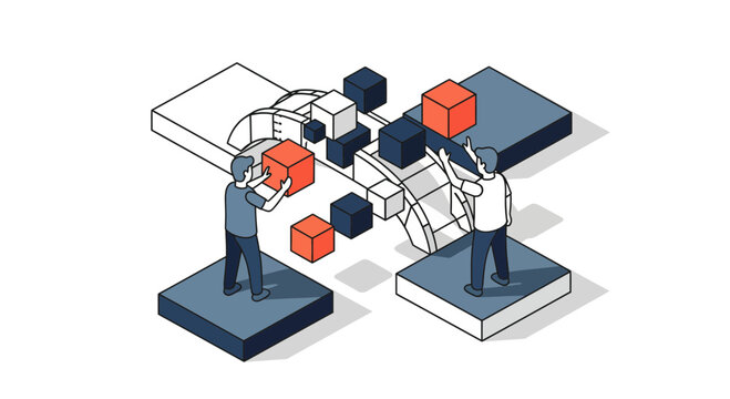 Teamwork and collaboration concept with people building blocks together.