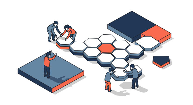 Teamwork constructing a hexagonal puzzle collaborative problemsolving concept.