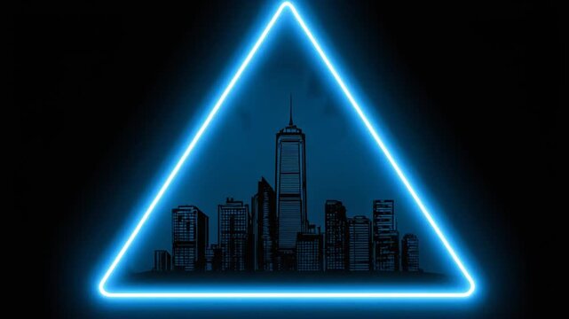 Glowing triangle encases a dark cityscape in a neon-lit, futuristic, and dramatic illustration