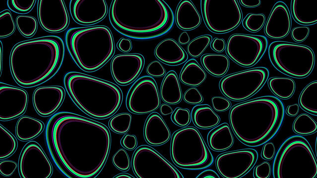 Abstract neon green and blue organic cell structures floating on a dark black background with glowing circular geometric patterns