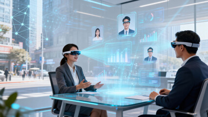 Business professionals wearing VR headsets for virtual meeting with holographic interface, discussing project, strategy, or collaboration in modern office with digital cityscape background.