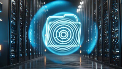 Glowing digital folder icon data center aisle with server racks, secure storage technology and network data center visualization - Powered by Adobe