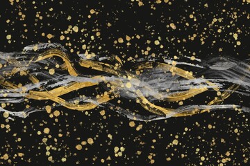 黒背景の中央に金色と銀色の波のような筆跡がある抽象イラスト。ダーク和風バナー