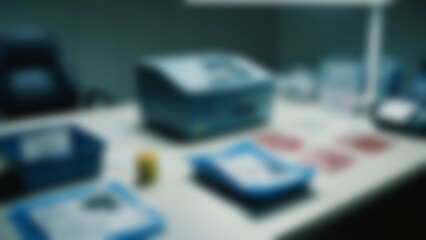 Blurred background of Forensic police desk with fingerprint kits and sealed evidence bags, extremely detailed plastic and latex textures, forensic unit room, evening, focused task lighting with sharp.