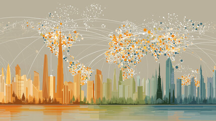 Global Cityscapes: a panoramic view of an abstract world map connecting to diverse cityscapes, highlighting connectivity and urbanization.