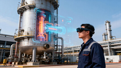 Engineer in industrial plant wears VR headset, viewing holographic interface. Illustrates smart manufacturing, augmented reality in industrial operations, industry 4.0 concept.