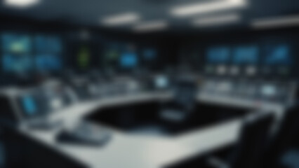 Blurred background of Police communication desk with radios and control panels glowing softly, realistic LED lights and metal surfaces, command support room, night, low ambient lighting.