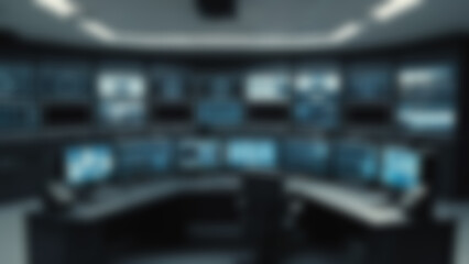 Obraz premium Blurred background of Police command desk with multiple idle monitors, clean symmetrical setup with realistic reflections, command office interior, morning, bright authoritative lighting.