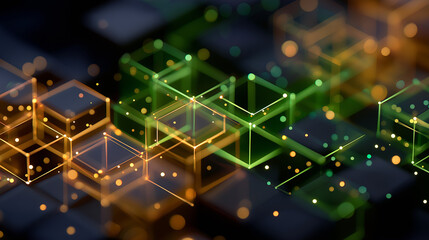 Geometric Data Cubes: Abstract visualization of interconnected geometric data cubes in shades of green and orange, suggesting the complexities of information networks.