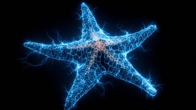 A glowing, stylized starfish rendered with electric blue energy, against a deep black background