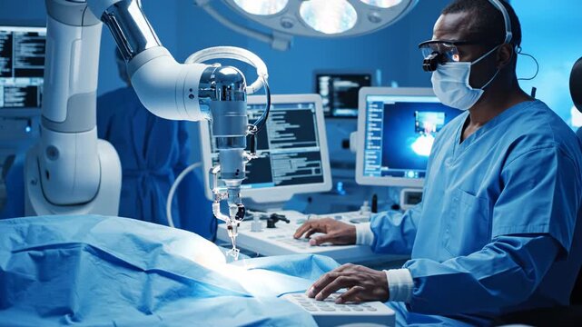 A surgeon in blue scrubs operates a robotic system in a modern operating room with multiple computer monitors