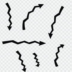 Collection of bold black zigzag arrows depicting erratic movement or shock