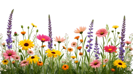 Vibrant colorful wildflowers isolated on transparent background