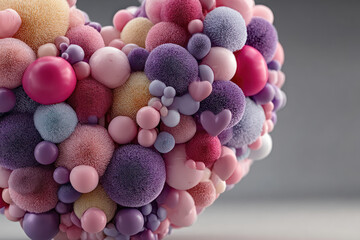 An abstract 3D composition in the shape of a heart, assembled from numerous soft spherical elements of varying sizes and textures.  