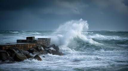 Strong Coastal Waves Hitting Breakwater During Stormy Weather at St. Beach
