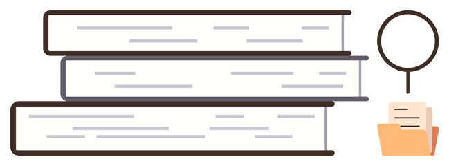 Education, research, knowledge management, information organization, academic study, data analysis. Three stacked books, magnifying glass document folder. Education and research focus © robu_s