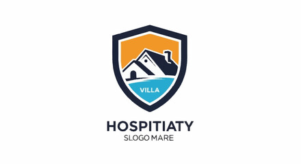 Coastal hospitality logo design with shield emblem and sea elements.