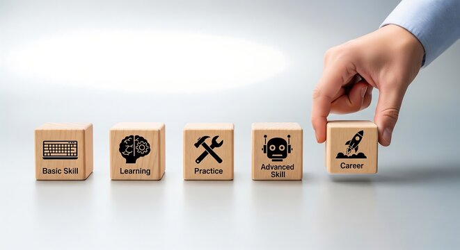 Hand selecting a wooden block labeled 'Career' from a sequence of blocks representing skills and learning, symbolizing career progression.