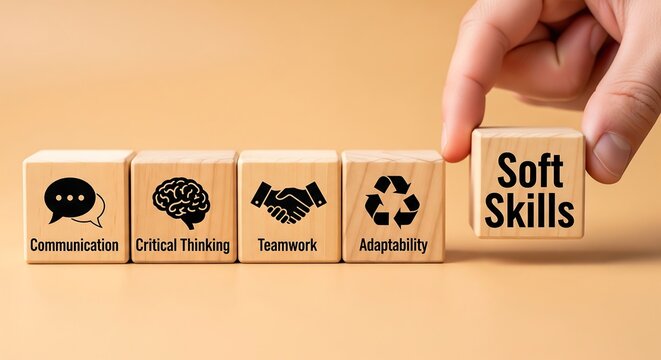 Wooden blocks with icons representing soft skills like communication, critical thinking, teamwork, and adaptability, with a hand placing the 'Soft Skills' block.