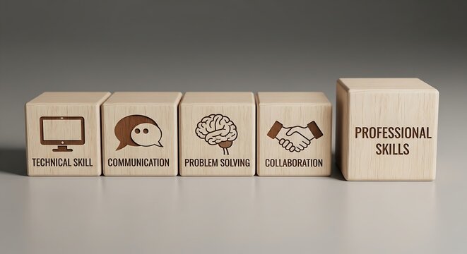 Wooden blocks illustrating key professional skills: technical skill, communication, problem solving, collaboration, and professional skills.