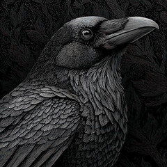 Obraz premium A highly detailed monochrome artistic illustration of a raven, executed using engraving technique 