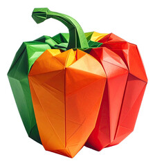 Paper craft, cut out fruit and vegetable origami : Bell peppers, The art of origami fruit showcases the intricate, precise folding of colorful paper and complex patterns, transparent background.