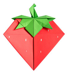 Paper craft, cut out fruit and vegetable origami : Strawberry, The art of origami fruit showcases the intricate, precise folding of colorful paper and complex patterns, transparent background.