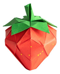 Paper craft, cut out fruit and vegetable origami : Strawberry, The art of origami fruit showcases the intricate, precise folding of colorful paper and complex patterns, transparent background.