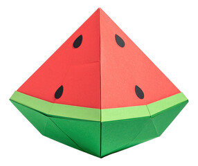 Paper craft, cut out fruit and vegetable origami : Water melon, The art of origami fruit showcases the intricate, precise folding of colorful paper and complex patterns, transparent background.