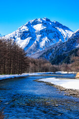 冠雪の北アルプスの上高地の梓川と焼岳