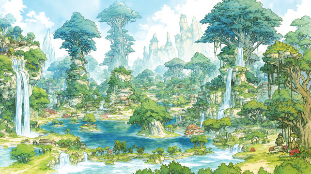 異世界ファンタジーゲームの風景イラスト素材｜光に満ちた神殿、天空都市、浮遊島、草原、冒険の始まりにぴったりの構図
