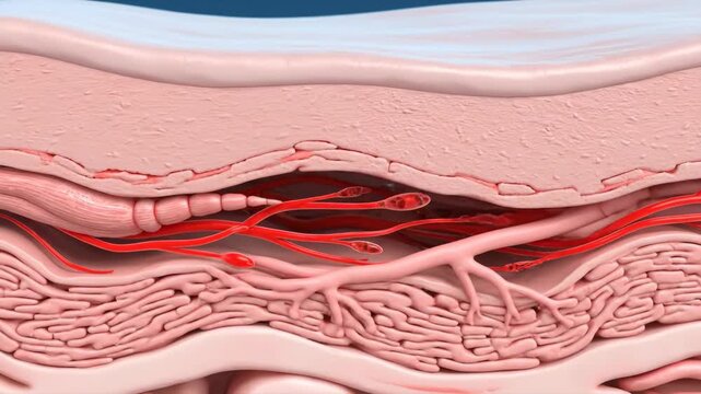 Close-up 3D animation of human skin tissue, illustrating the intricate layers, capillaries, and a healing process.