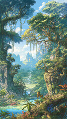 Naklejka premium 幻想的なゲーム世界の背景イラスト｜空と大地と木々の調和｜RPGの舞台｜ストーリー動画やアニメ調のコンテンツに使える素材