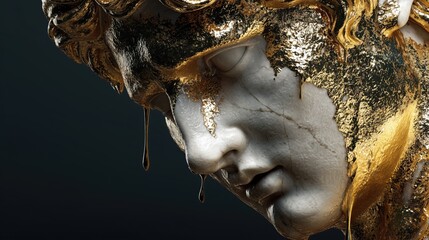 Innovation in artistry meets expertise with a marble bust transformed by dripping gold leaf against a dark background.