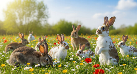 Rabbits in a Vibrant Spring Meadow Filled with Colorful Wildflowers Under a Bright Blue Sky on a Sunny Day