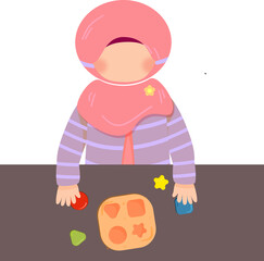 Child in hijab playing with shape sorter toy. Early childhood education and development illustration.