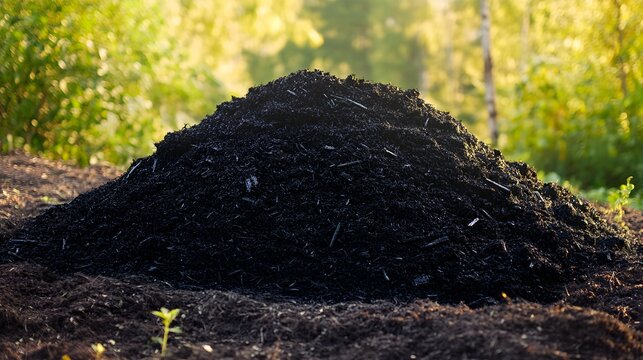 Pile of dark biochar compost in outdoor setting soil