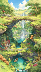 Naklejka premium 異世界ファンタジーの城下町と港湾都市の風景｜ゲーム背景素材｜冒険が始まる世界観｜ファンタジー街並みイラスト｜サムネイル用にも最適