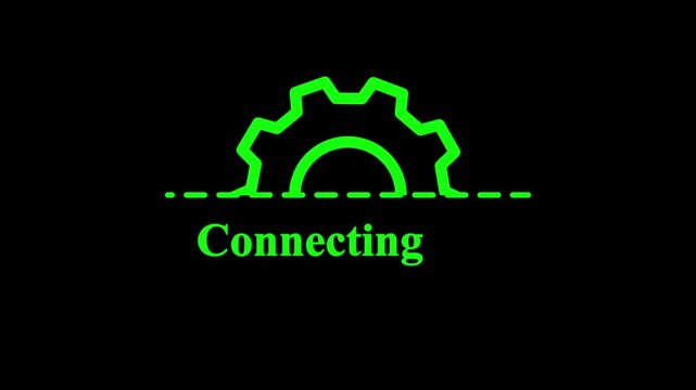 Connecting gear icon animation on black background, system connection progress indicator, technology network setup