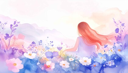 花に囲まれた幻想的な世界で並ぶ母と娘の後ろ姿を描いた水彩イラスト。親子の絆や成長、やさしい時間を表現。家族、子育て、母の日、感情訴求の広告やブログに適した温もりあるビジュアル。