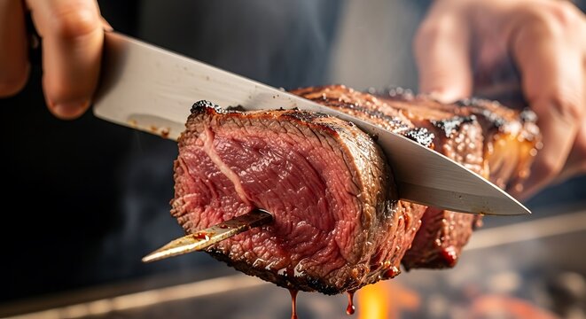 Hand expertly slices a succulent, medium-rare steak from a skewer, revealing tender pink interior with savory drippings.