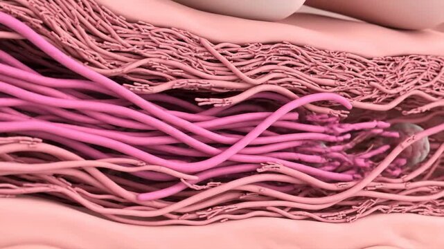 Dynamic 3D animation showcasing cellular interaction and fiber integration within a complex biological tissue structure.