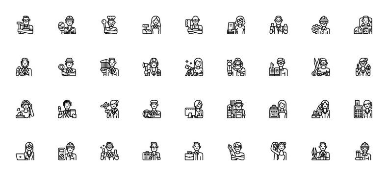 Occupation icon set. Vector job profession icons. Includes carpenter, chef, doctor, engineer, firefighter, lawyer, architect and more. Editable thin line illustrations.