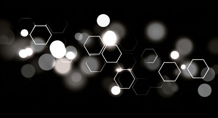 Abstract black background with glowing white hexagons and soft bokeh lights, futuristic tech and molecular structure concept